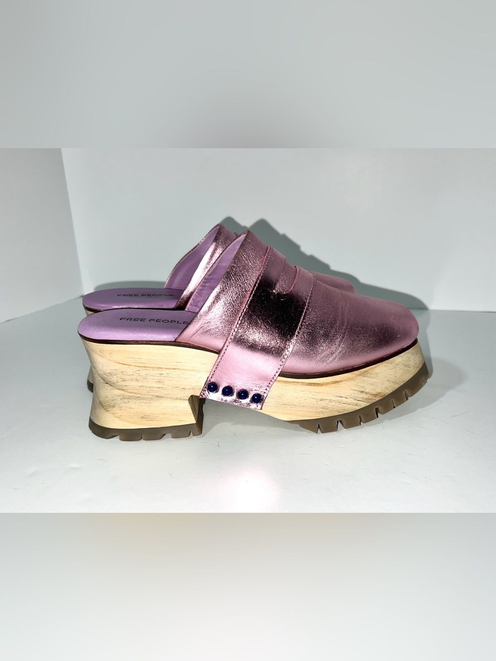 Free People Metallic Pink Saddle Clog Wooden Platform Heels SMS Sample Sz 7.5-8?